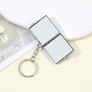 Draagbare zilveren strass make-up spiegel sleutelhanger met vierkant metalen frame