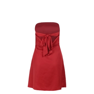 Detail of the elegant red satin mini dress featuring a large bow tie on the open back