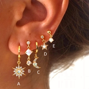 Star Moon Charm Earrings With 925 Sterling Silver Earring Post Gold Plated Opal Zirconia Jewelry Women