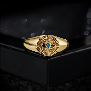 18K gold plated evil eye signet ring with blue turquoise stone and sunburst engraving