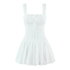 Women Sexy White Polyester Lace Embroidery Mini Dress Sleeveless Square Neck Corset Style Pleated Party Dress For Women