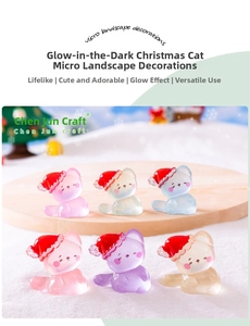 Mini luminous resin Christmas cats on snow-covered wooden platform for micro landscapes