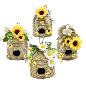 Set of four handmade jute beehive ornaments with sunflowers and mini resin bees