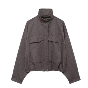 Women's cropped bomber jacket with stand collar and high-waisted straight trousers set