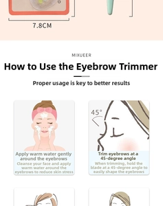 Guide showing eyebrow razor dimensions and 45-degree trimming angle technique