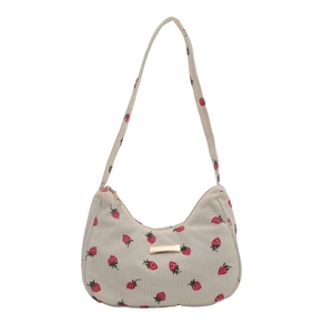 Chic beige corduroy shoulder bag with red strawberry pattern and golden metallic buckle
