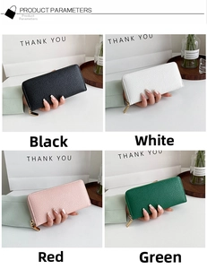Litchi pattern PU leather long zip wallets for women in black white pink and green