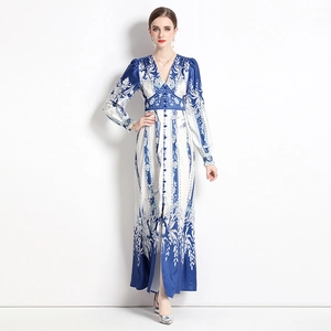Elegant V-neck long sleeve floral maxi dress with blue porcelain print and button front