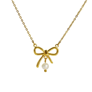Collier nœud plaqué or 18K de style français avec perle blanche pour femme