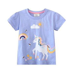 Flat lay of purple kids cotton T-shirt featuring unicorn and rainbow graphic prints