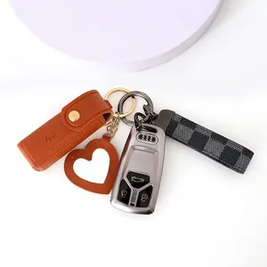 Portable leather lipstick holder keychain with heart mirror and checkered lanyard strap