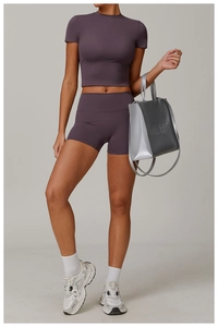 Close-up of high-waisted smoky purple yoga shorts and crop top in matte fabric