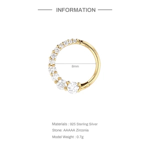 Detail of 8mm gold-plated S925 silver nose ring with AAAAA cubic zirconia inlay