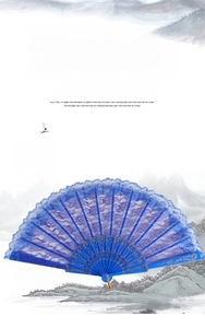 Close-up of blue lace folding fan with gold floral pattern and delicate scalloped edges