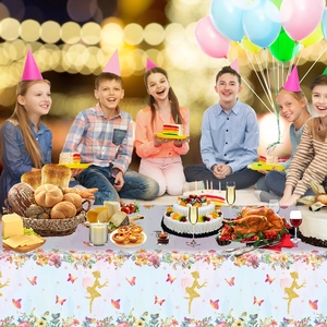 Disposable party tablecloth with ballet girl and floral pattern in pastel colors
