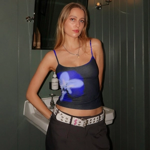 Slim fit black camisole crop top with blue floral print and thin shoulder straps