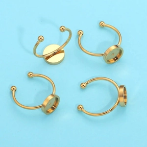 Adjustable golden stainless steel ring base for DIY jewelry making with round flat bezel