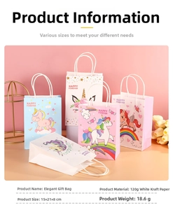 Detail of unicorn paper gift bags showing 15x21x8cm size and 120g white kraft material