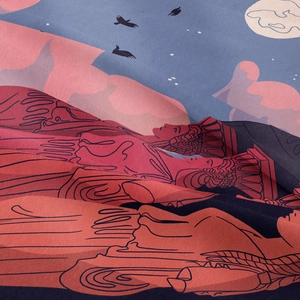 Gros plan d'une tapisserie bohème montrant un portrait artistique et la texture du tissu