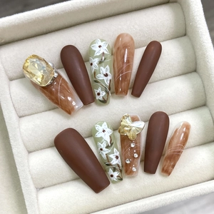 Handmade Press On Nails Long Coffin Maillard Brown Amber Floral 3D Rhinestones Bow Vintage Luxury Artificial Finger Nails