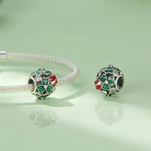 925 silver four leaf clover bead charm with green enamel and ladybug on snake chain