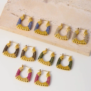 Baroque style gold-plated C-shaped earrings with colorful micro-pave cubic zirconia