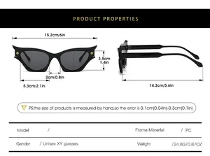Size chart for cat-eye sunglasses with detailed dimensions of the PC frame and temple length