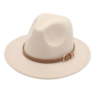 Classic cream wool fedora hat with wide brim and brown leather strap with gold buckle