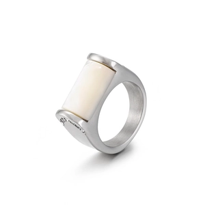 Minimalist silver titanium steel ring with rectangular white shell inlay and side diamonds