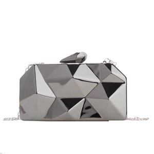 Modern silver geometric faceted evening clutch bag with chain strap and crystal clasp
