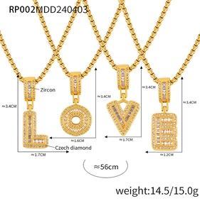 Detail of L, O, V, and E letter pendants with pavé zircons on golden box chains