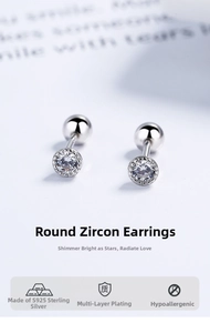 Close-up of S925 sterling silver screw back earrings with sparkling round zircon