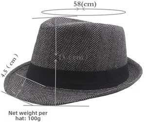 Herringbone fedora hat dimensions showing 58cm circumference and 100g net weight