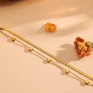Double-layered 18K gold plated stainless steel star pendant bracelet with snake chain