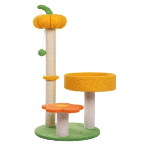 Kreativer Kürbis-Kratzbaum mit Blumen-Sitzstange, Sisal-Kratzpfosten und grünem Plüschfuß