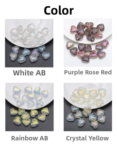 Detail of 13x15mm heart-shaped glass pendants in white AB and rainbow iridescent colors