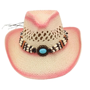 Detail of pink gradient woven cowboy hat with turquoise and beaded decorative band