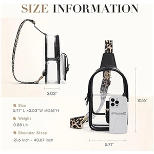 Size specifications of the transparent PVC chest bag featuring leopard print strap and iPhone 12