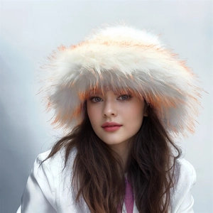 Macro detail of high-quality faux fur material with vibrant orange tips on white base