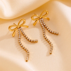 Elegant 18K gold plated stainless steel bow earrings with tassel and sparkling crystals