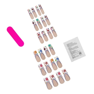 French press-on nail kit with 24 colorful floral design pieces and filing tools