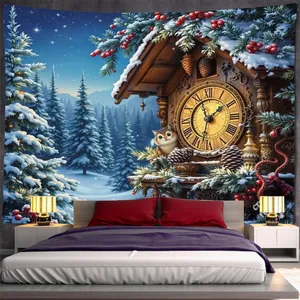 Detail of winter snow tapestry featuring a log cabin and a cute orange cat on fabric