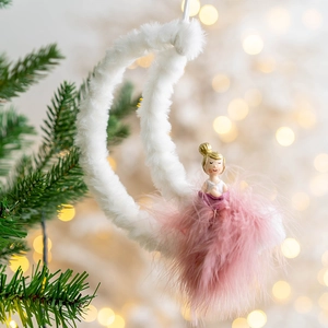 Christmas plush moon ornament with blonde girl doll in pink feather dress on Xmas tree