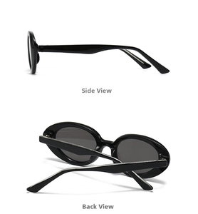 Detailed side and back view of black oval sunglasses with thick frames and dark lenses