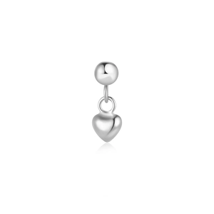 Detail of silver S925 heart pendant earring with polished metallic bead and mirror reflection