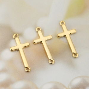 Three 18K gold-plated copper cross pendants with double loops for DIY jewelry making