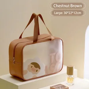 Macro detail of large chestnut brown leather toiletry bag with toast cartoon print