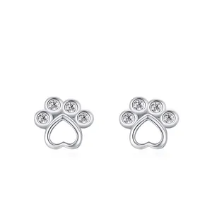 Cat Paw Print Heart Stud Earrings 925 Sterling Silver Sparkling Cubic Zirconia Exquisite Sweet Jewelry For Women