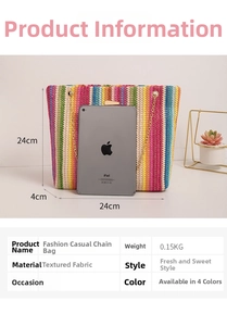 Detail of colorful rainbow straw woven bucket bag with gold chain and metal buckle