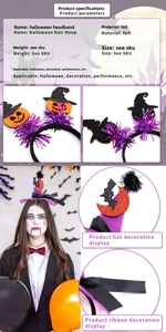 Detail of Halloween headbands featuring pumpkin witch hat and bat moon felt designs